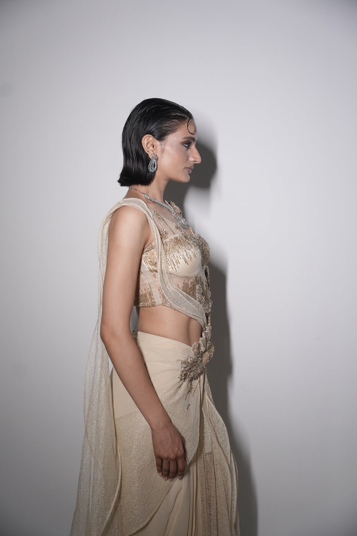 Midnight golden draped saree set