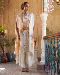 CAPE WITH SCALLOP KURTI AND DRAPE PANTS