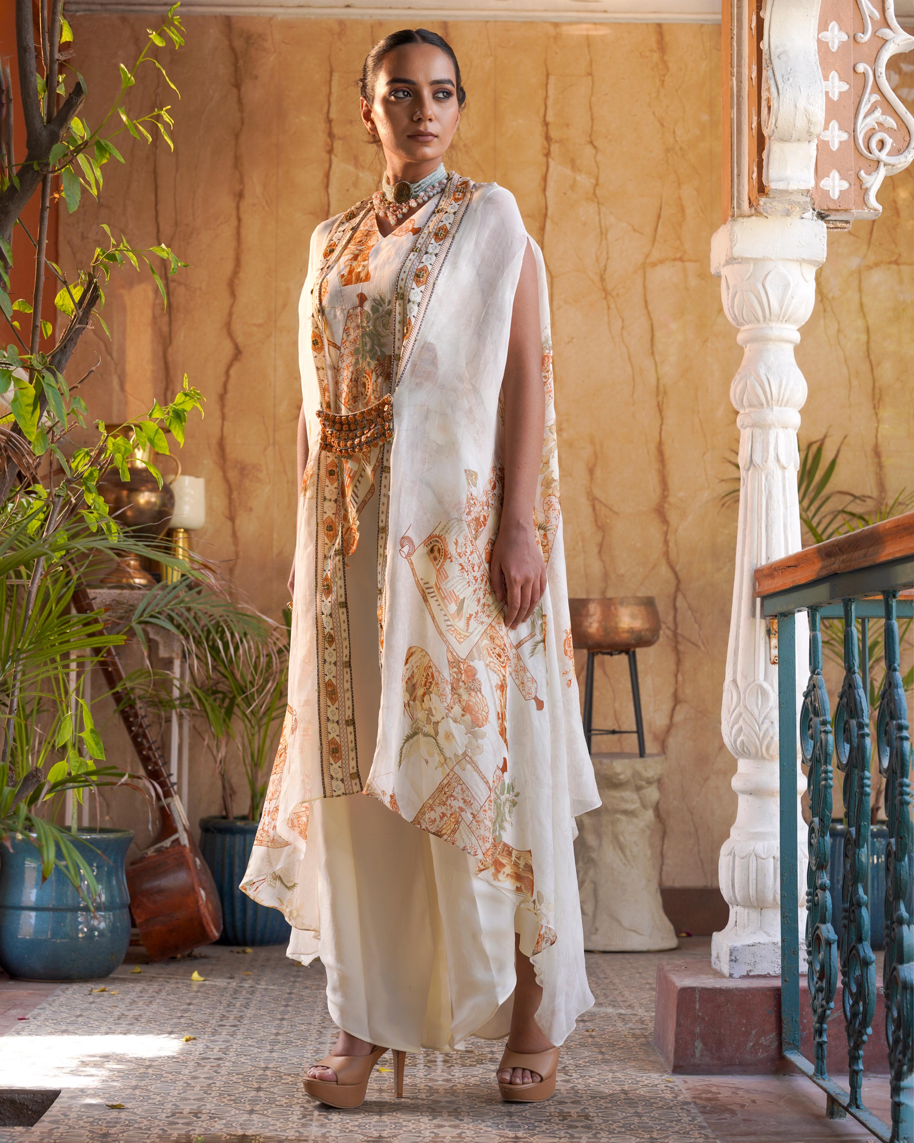 CAPE WITH SCALLOP KURTI AND DRAPE PANTS