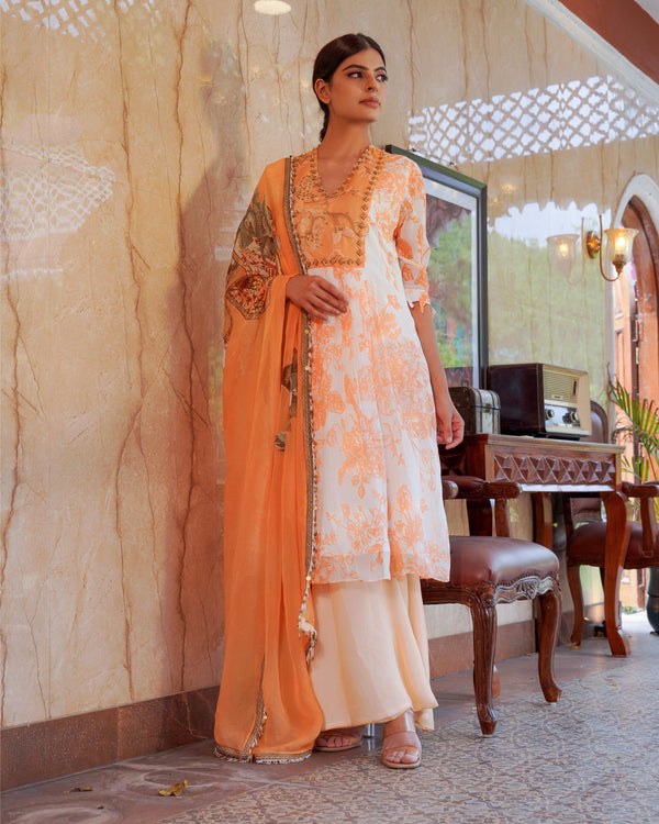 PLEATED TANGERINE WITH WHITE BASE KURTI DRESS