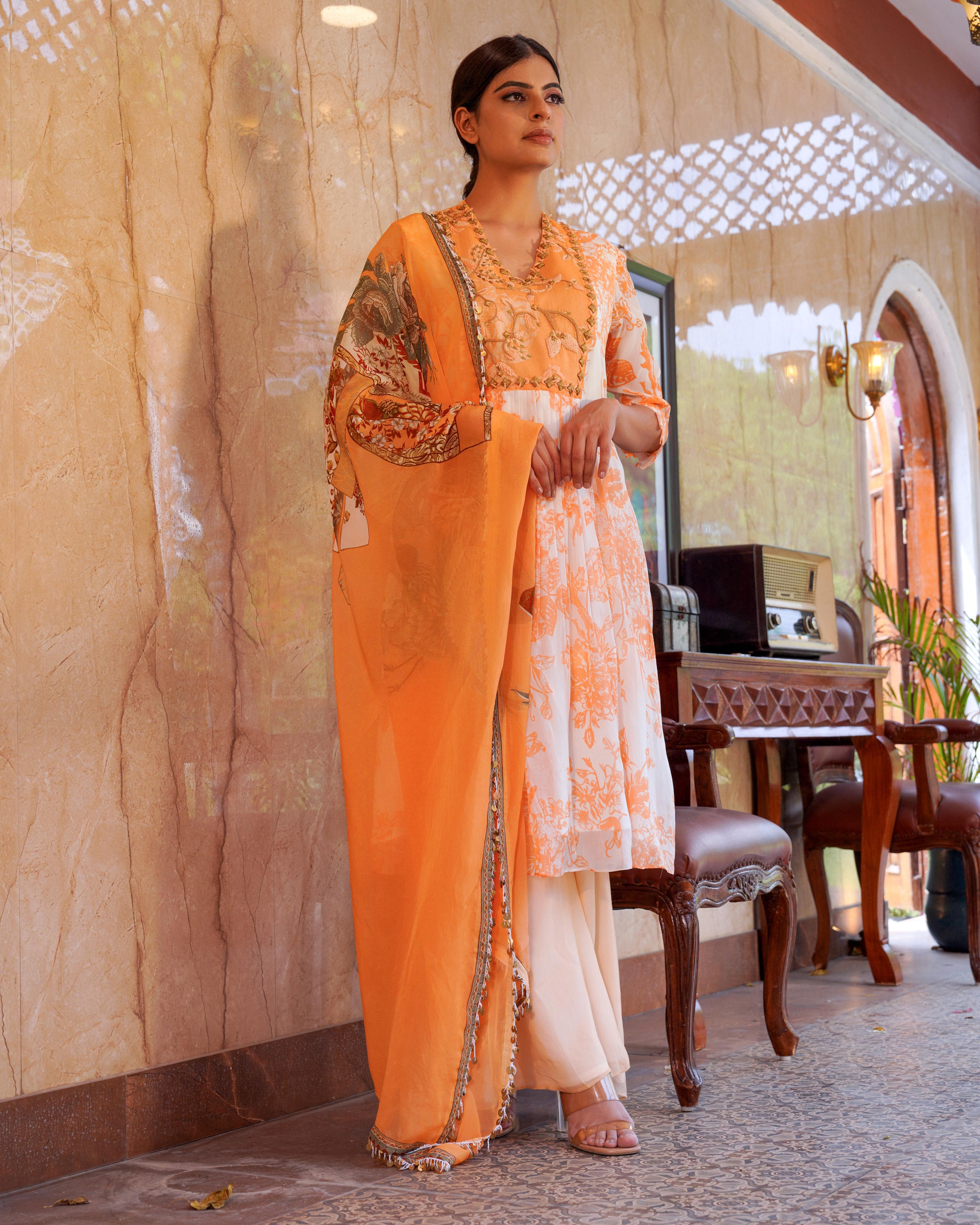 PLEATED TANGERINE WITH WHITE BASE KURTI DRESS