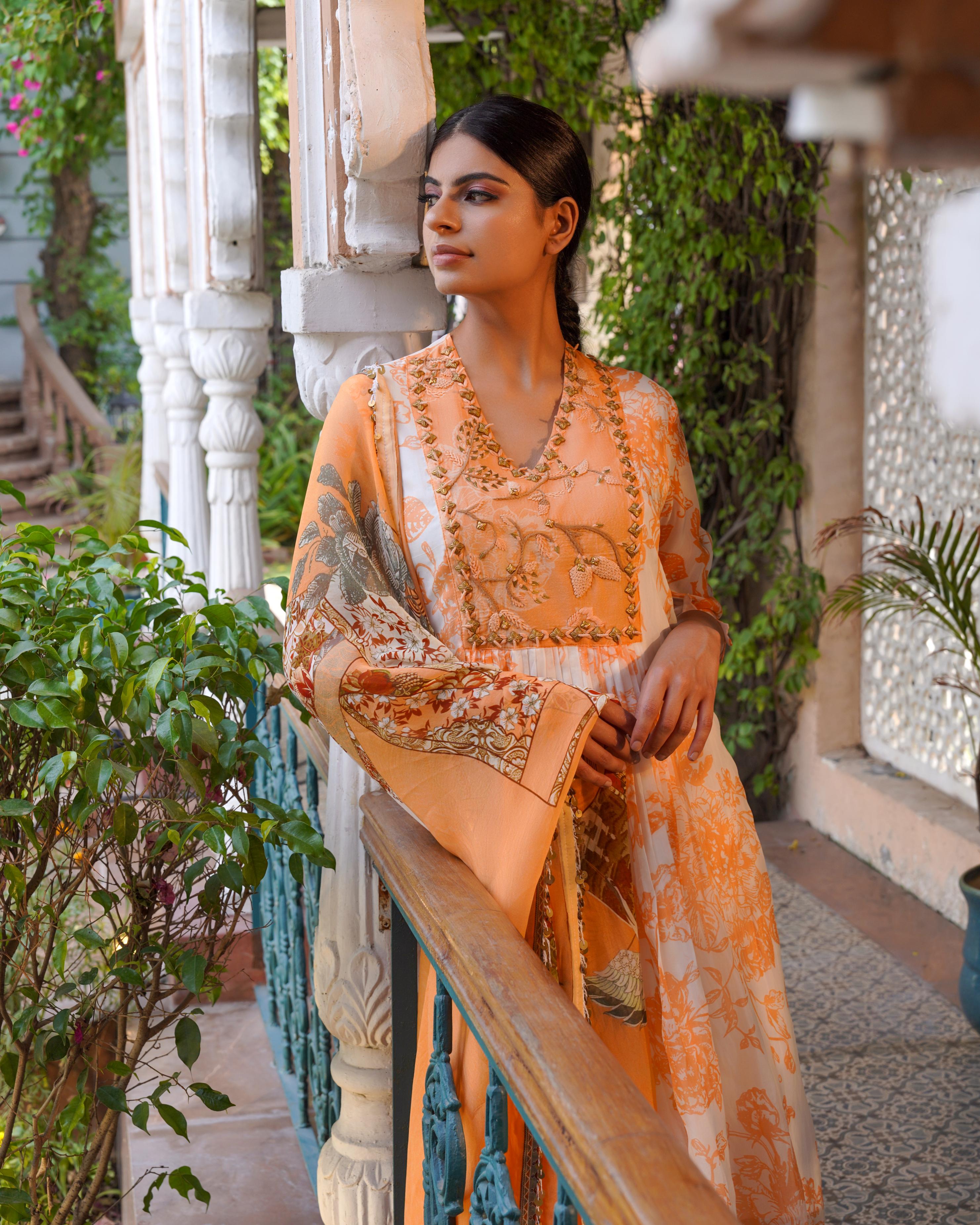 PLEATED TANGERINE WITH WHITE BASE KURTI DRESS