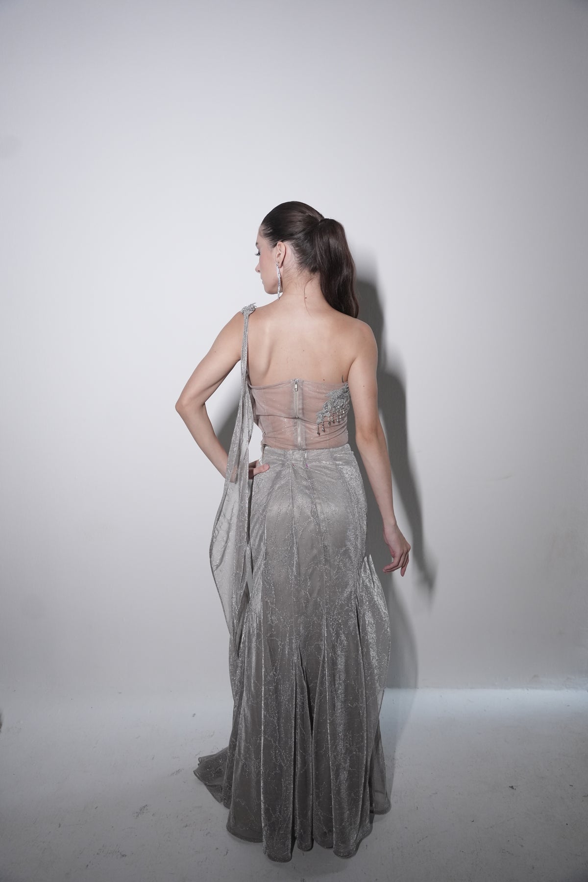 The midnight silver draped saree set