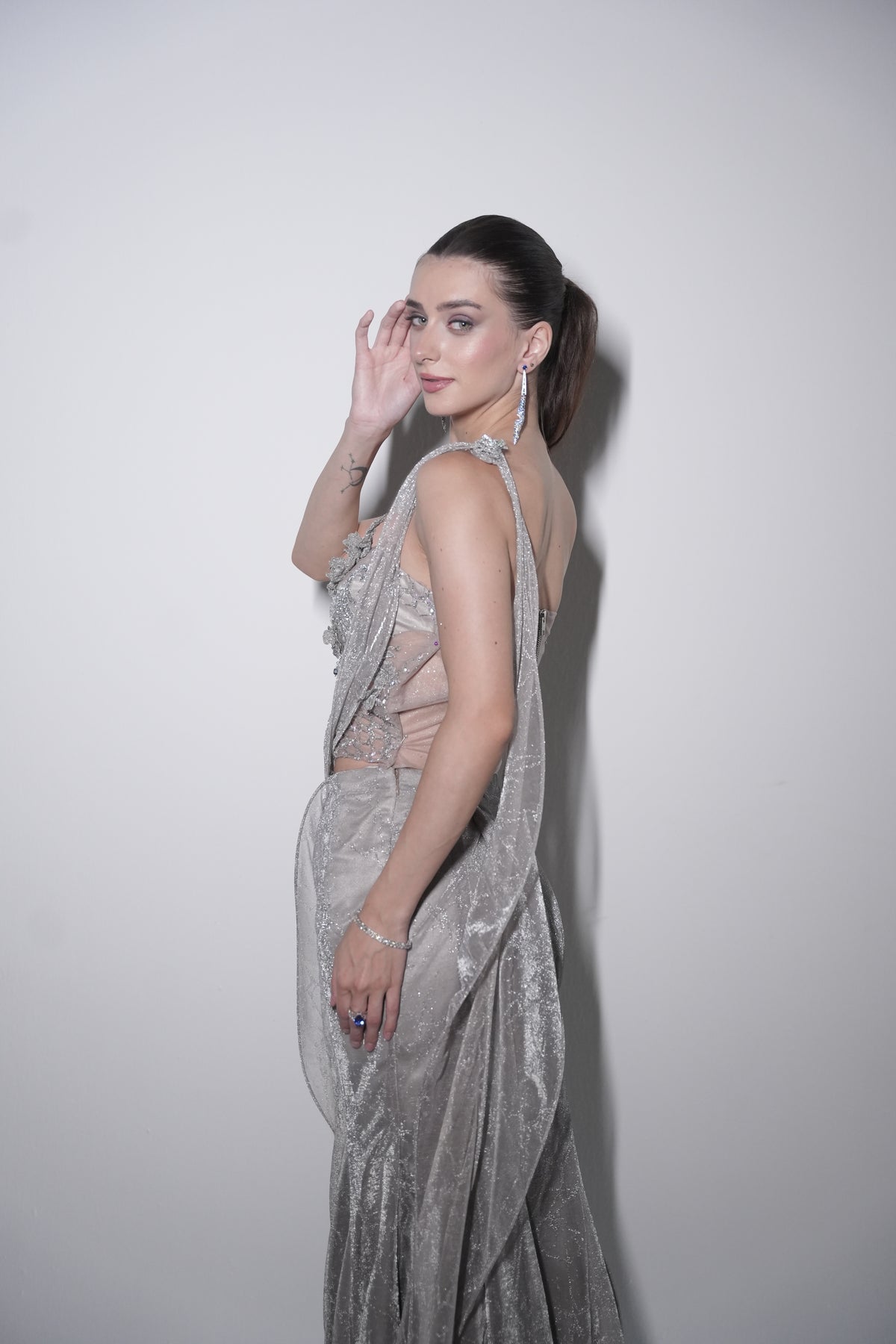 The midnight silver draped saree set