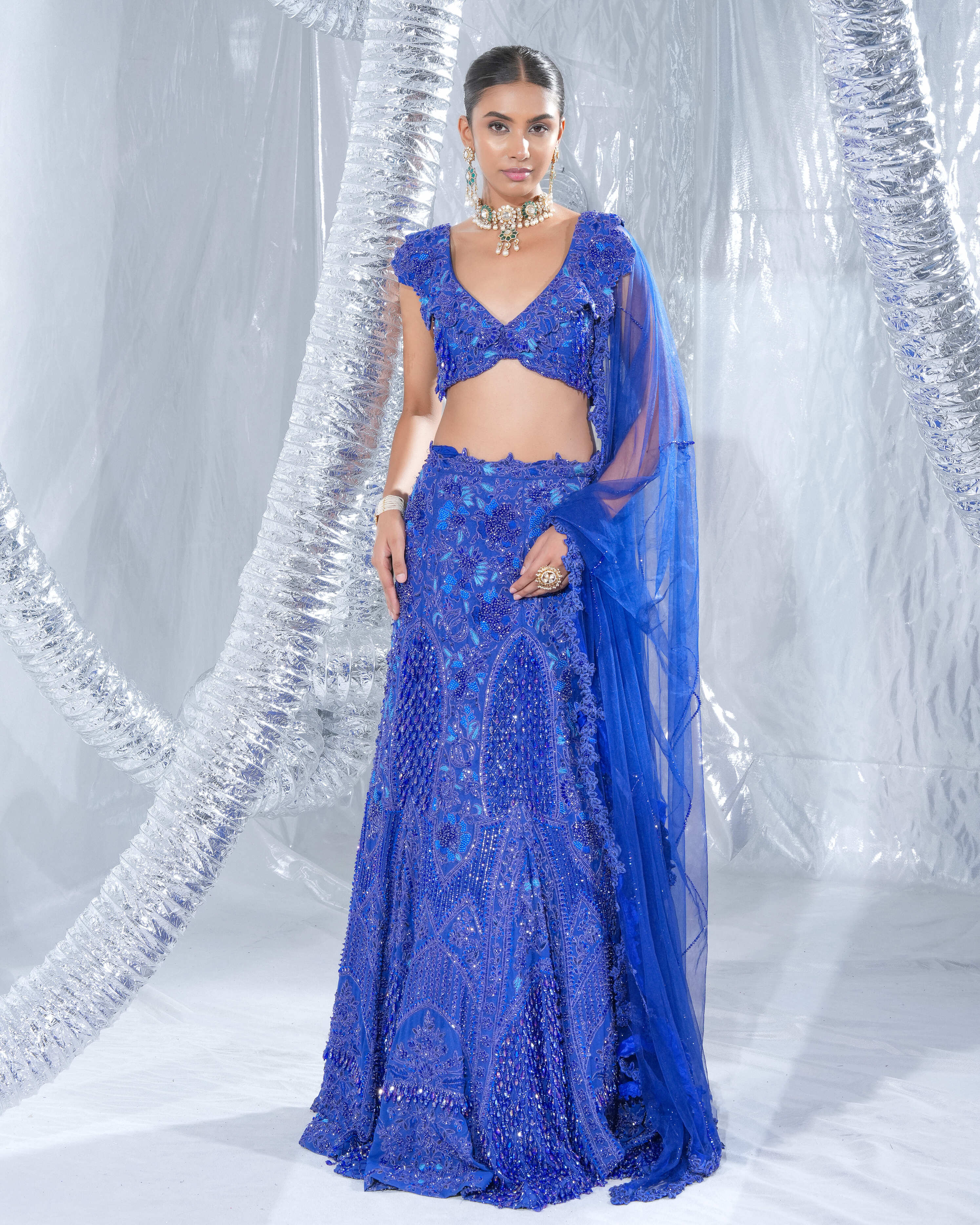 Electric blue Neo lehenga With Sheer Dupatta