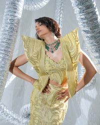 Gold ethno gown lehenga, fish cut neo