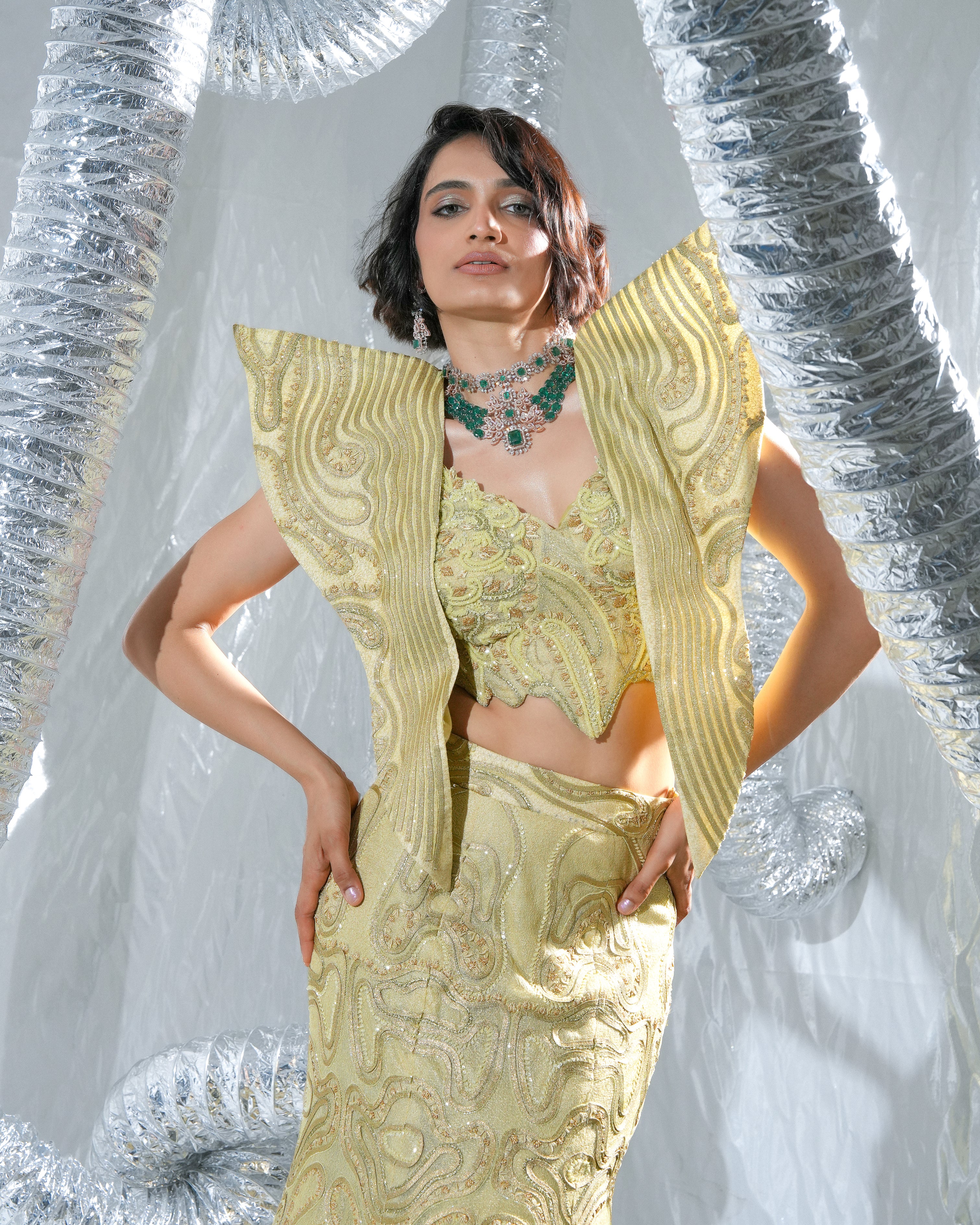 Gold ethno gown lehenga, fish cut neo