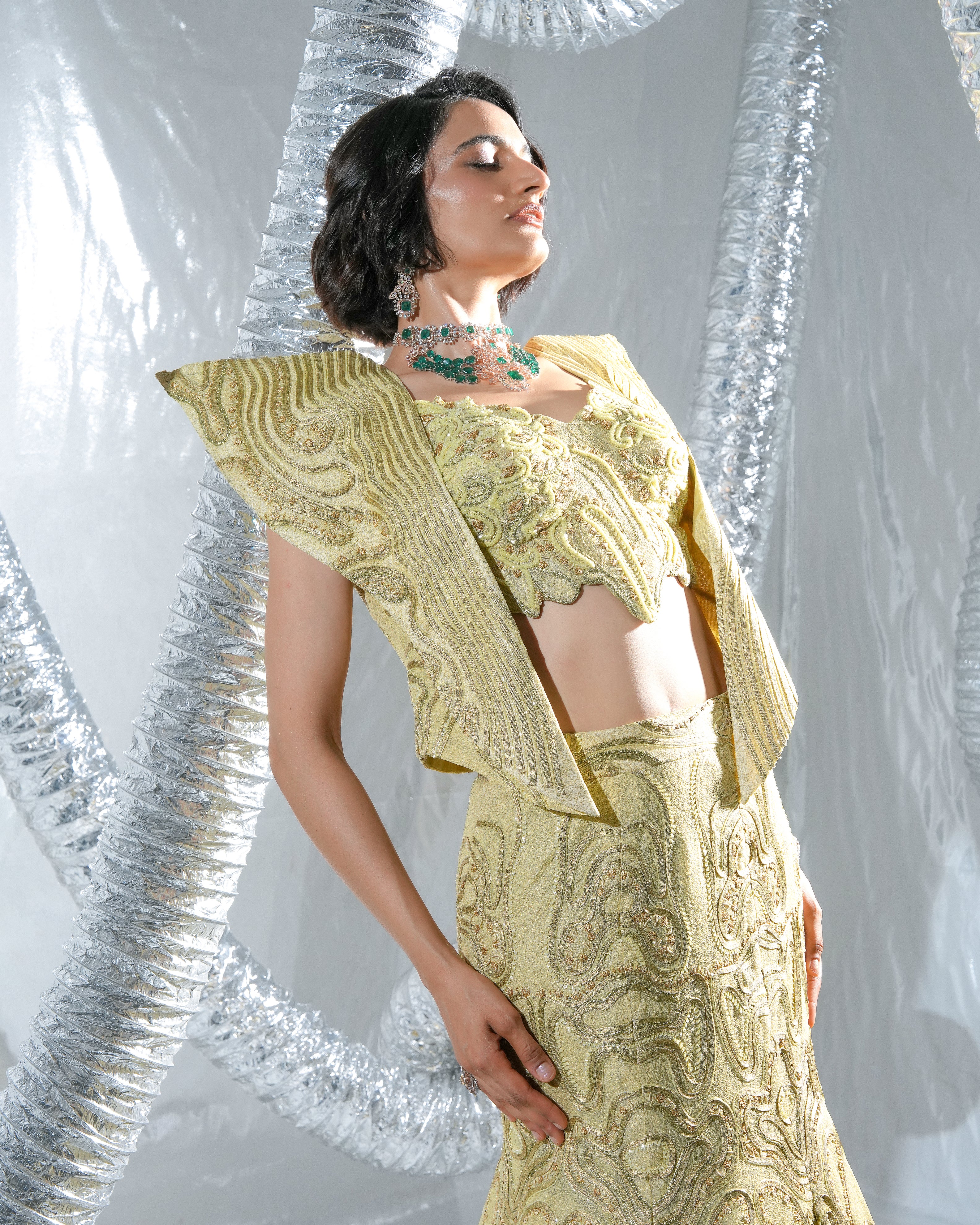 Gold ethno gown lehenga, fish cut neo