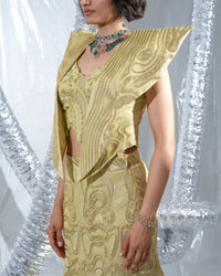 Gold ethno gown lehenga, fish cut neo