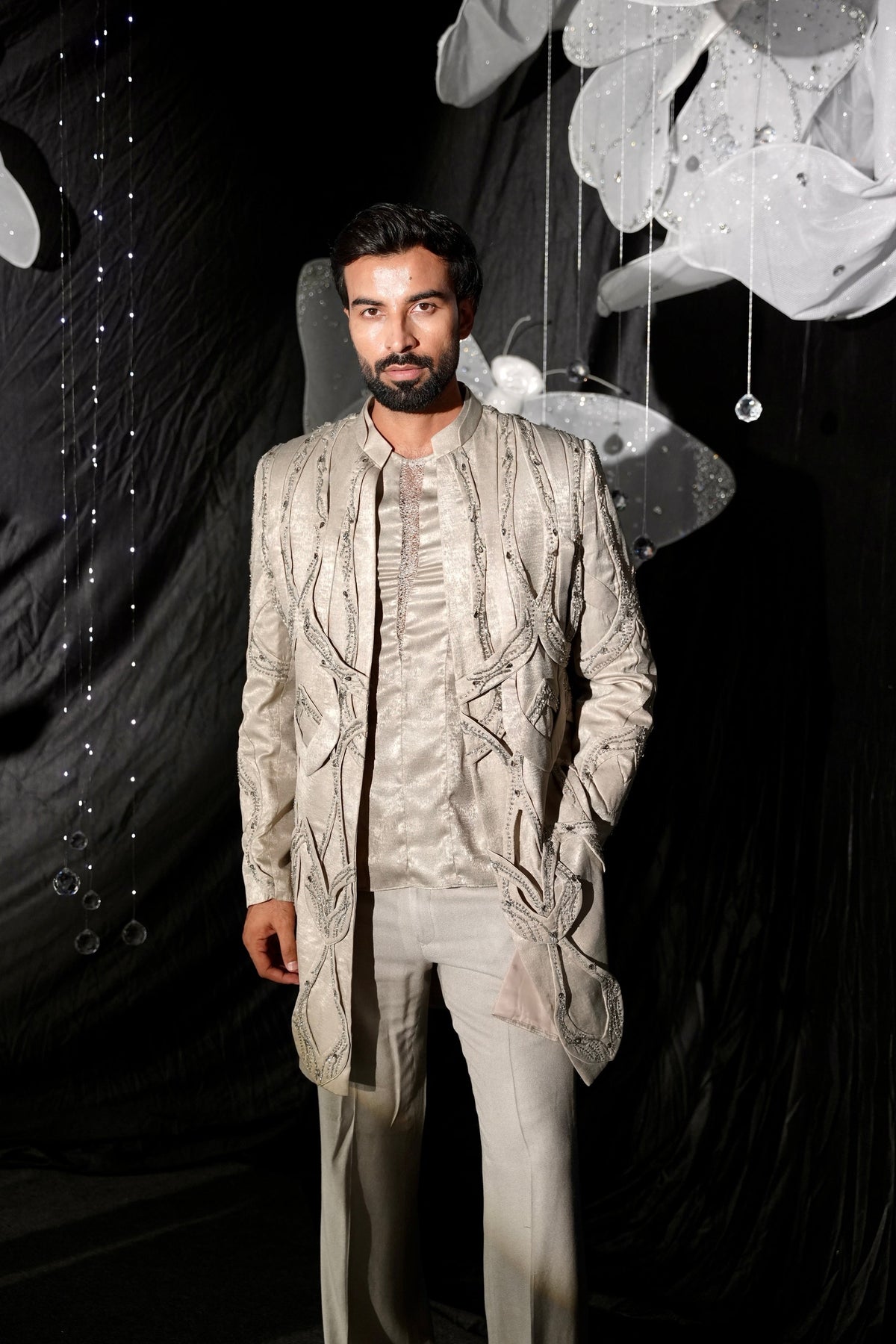 Moonlit Greyis 7d panelled longline ind-western set