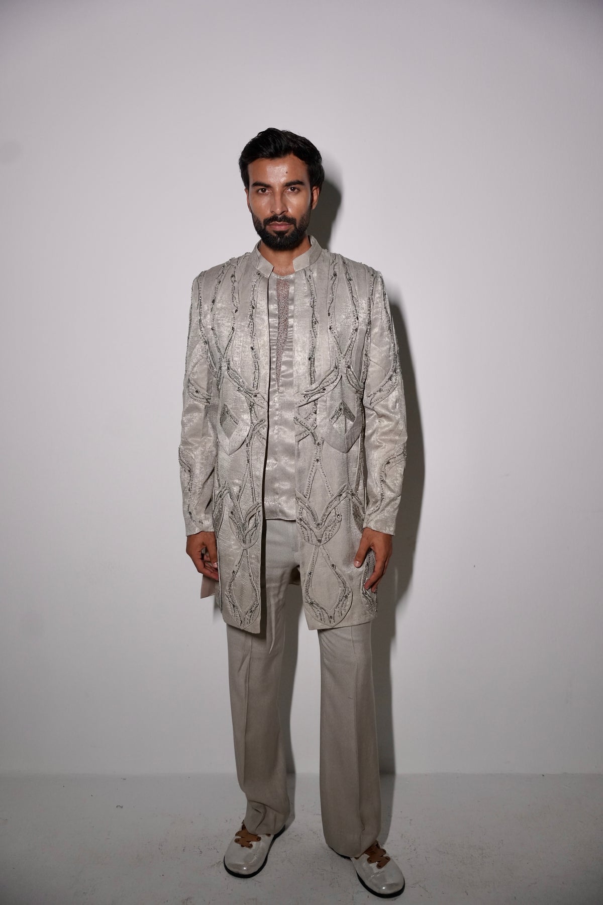 Moonlit Greyis 7d panelled longline ind-western set