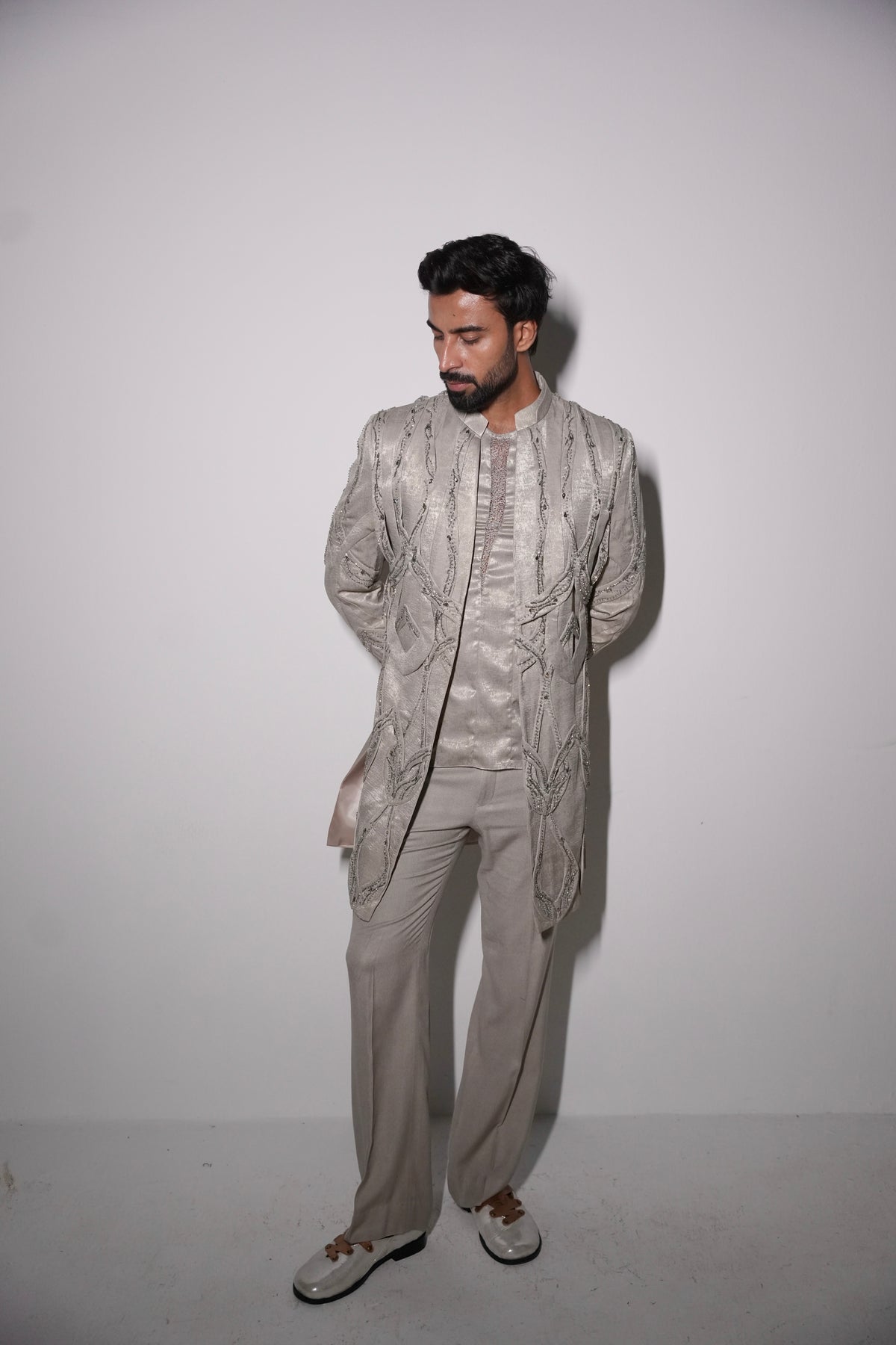 Moonlit Greyis 7d panelled longline ind-western set