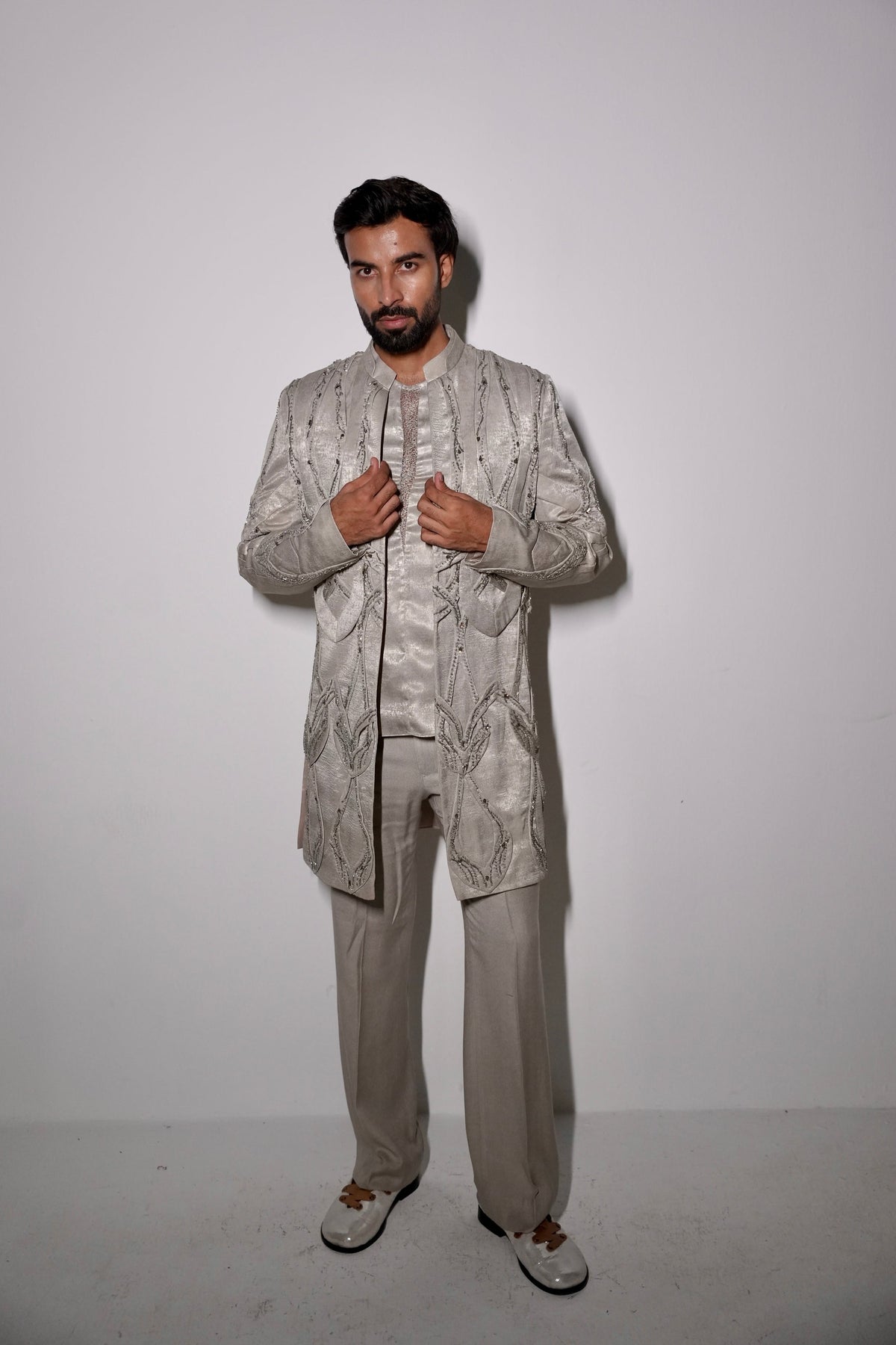 Moonlit Greyis 7d panelled longline ind-western set