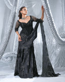 Black corset saree, embellished with crushed and failed ethno strip with signature zardozdi embroidery neo