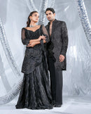 Black corset saree, embellished with crushed and failed ethno strip with signature zardozdi embroidery neo