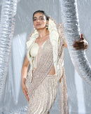 Blush Pink Saree And Corset With Neo Cape