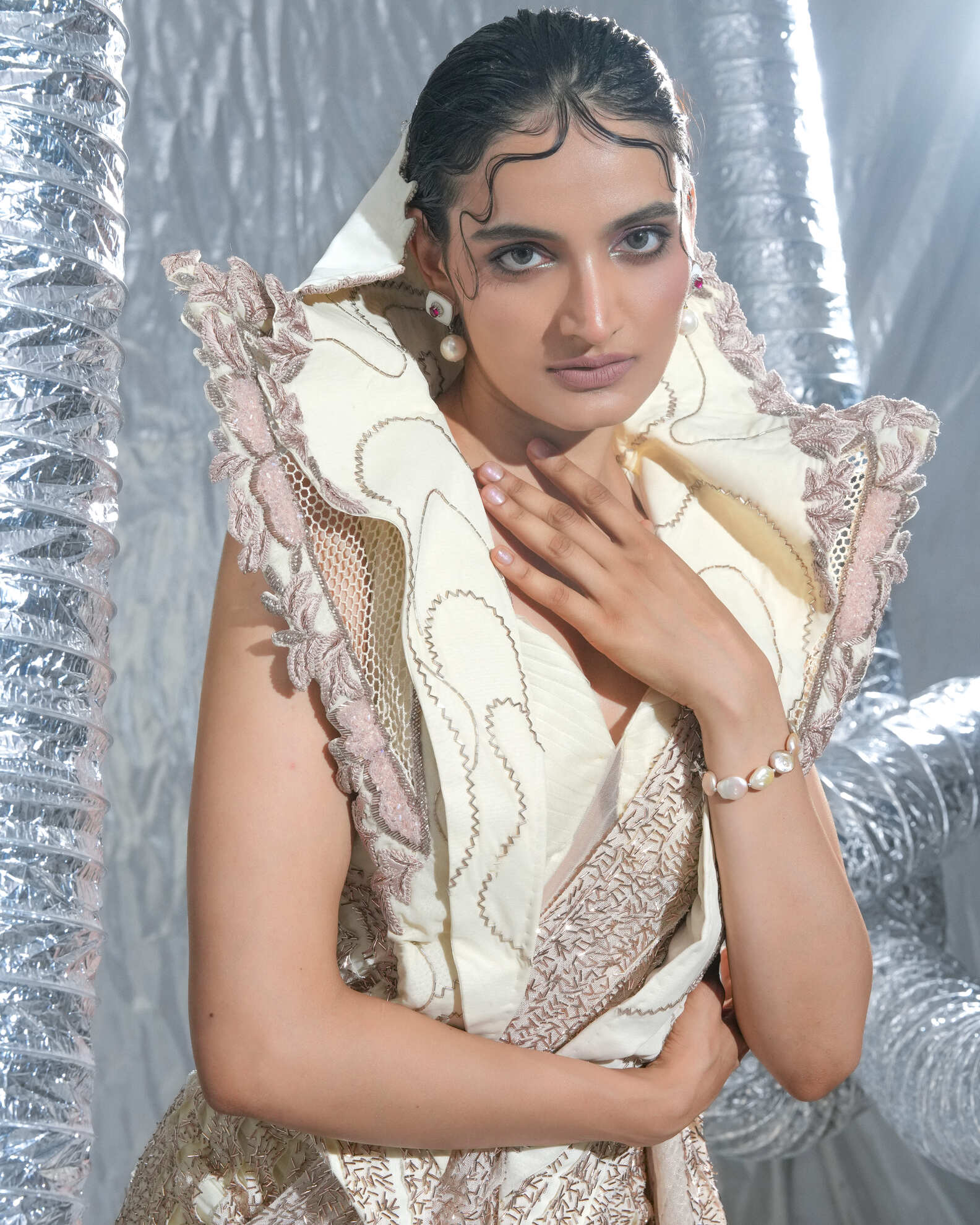 Blush Pink Saree And Corset With Neo Cape