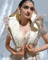 Blush Pink Saree And Corset With Neo Cape