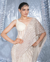 Blush Pink Saree And Corset With Neo Cape