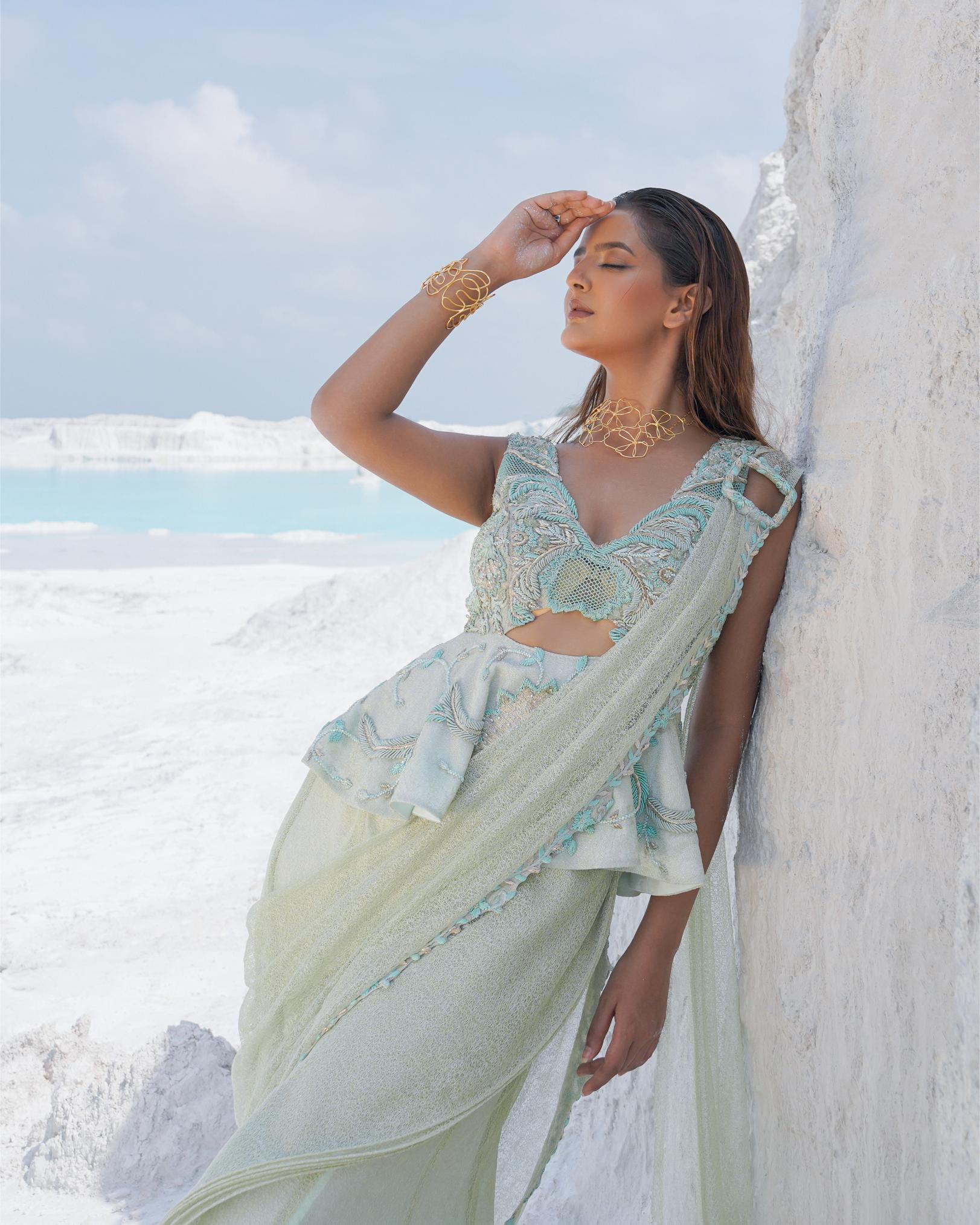 MINT BLOOM DRAPE SAREE (SIGNATURES)