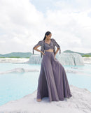 GRAY SILK EMBROIDERY ROUND , OPEN FADEDD GREY KALLIED PALAZZO SET