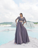 GRAY SILK EMBROIDERY ROUND , OPEN FADEDD GREY KALLIED PALAZZO SET