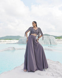 GRAY SILK EMBROIDERY ROUND , OPEN FADEDD GREY KALLIED PALAZZO SET