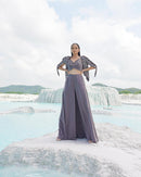 GRAY SILK EMBROIDERY ROUND , OPEN FADEDD GREY KALLIED PALAZZO SET