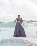 GRAY SILK EMBROIDERY ROUND , OPEN FADEDD GREY KALLIED PALAZZO SET