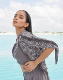 GRAY SILK EMBROIDERY ROUND , OPEN FADEDD GREY KALLIED PALAZZO SET