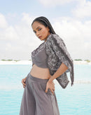 GRAY SILK EMBROIDERY ROUND , OPEN FADEDD GREY KALLIED PALAZZO SET