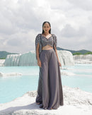 GRAY SILK EMBROIDERY ROUND , OPEN FADEDD GREY KALLIED PALAZZO SET