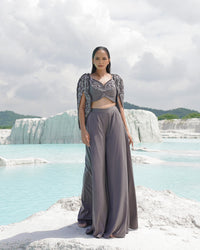GRAY SILK EMBROIDERY ROUND , OPEN FADEDD GREY KALLIED PALAZZO SET