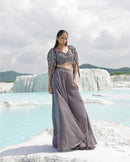 GRAY SILK EMBROIDERY ROUND , OPEN FADEDD GREY KALLIED PALAZZO SET