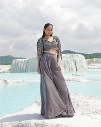 GRAY SILK EMBROIDERY ROUND , OPEN FADEDD GREY KALLIED PALAZZO SET