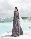 GRAY SILK EMBROIDERY ROUND , OPEN FADEDD GREY KALLIED PALAZZO SET