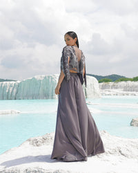 GRAY SILK EMBROIDERY ROUND , OPEN FADEDD GREY KALLIED PALAZZO SET