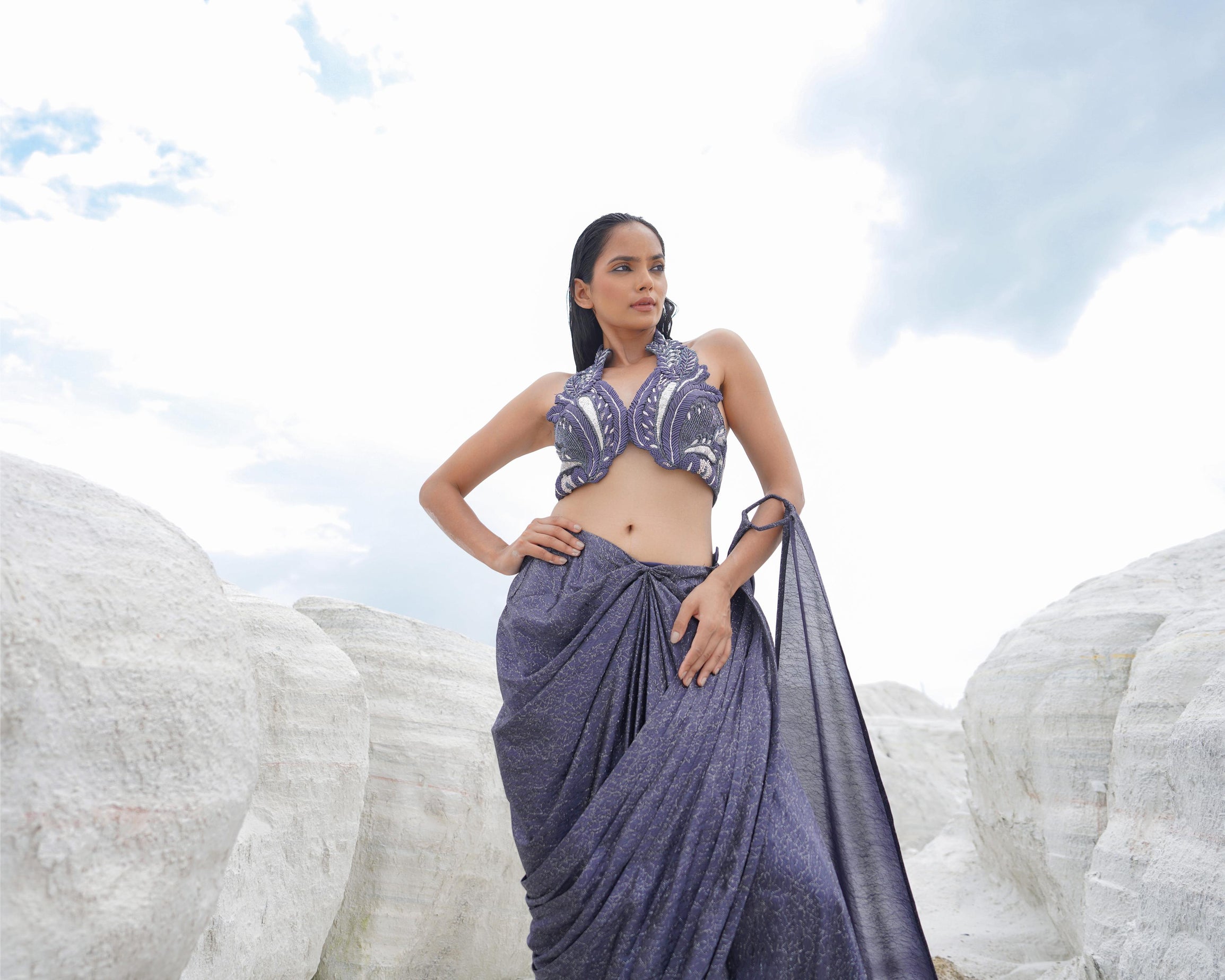 METALLIC MESH HALTER NECK WIRED DRAPE SAREE