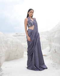 METALLIC MESH HALTER NECK WIRED DRAPE SAREE