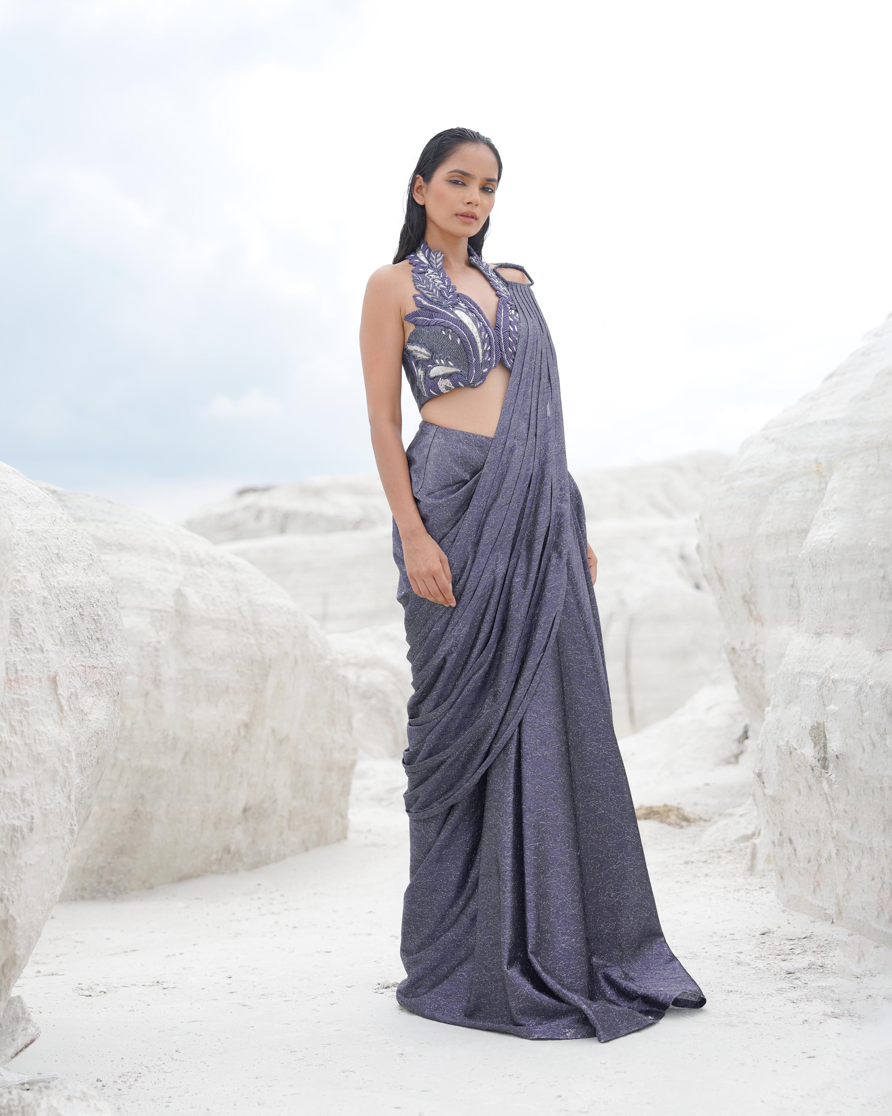 METALLIC MESH HALTER NECK WIRED DRAPE SAREE