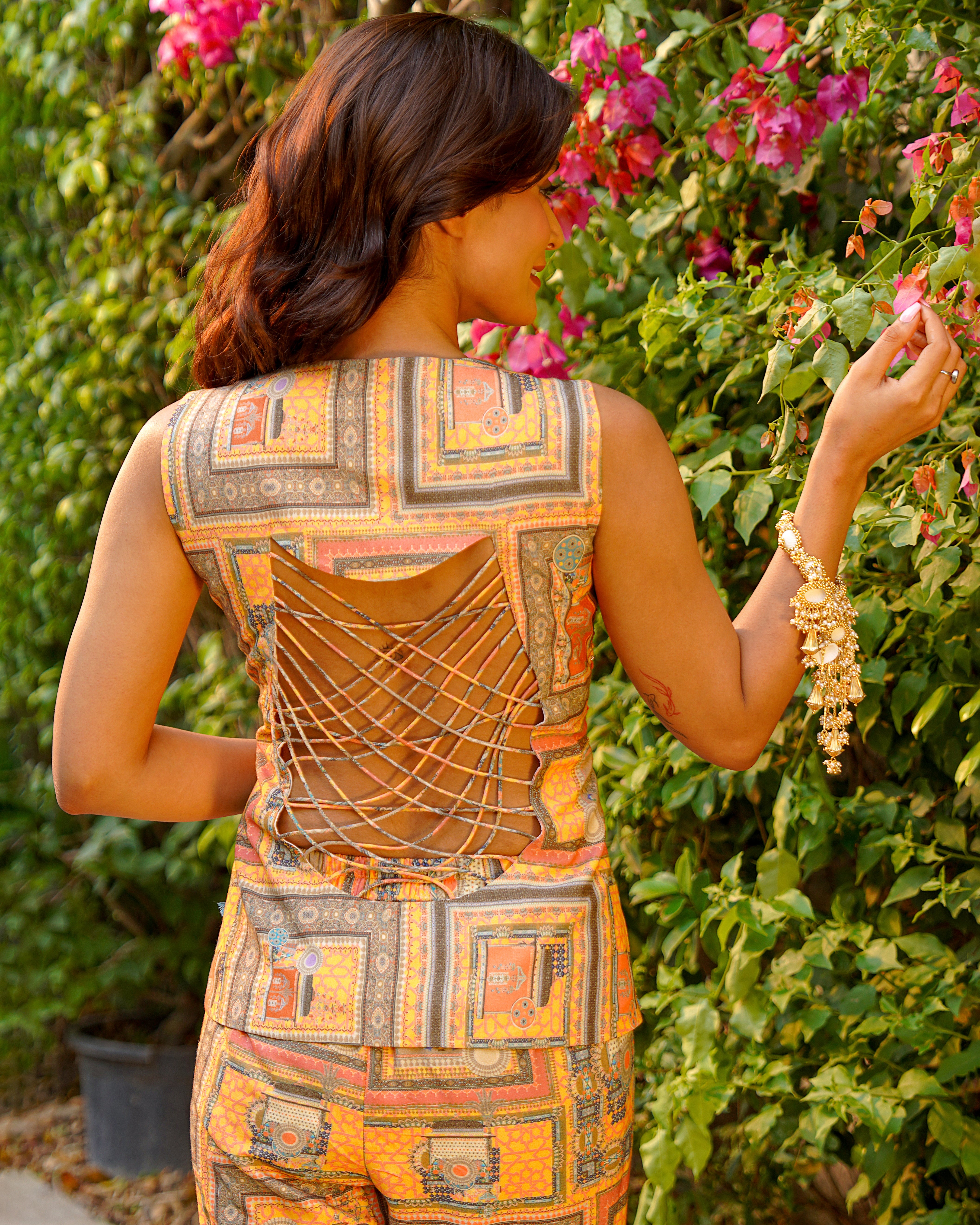 Printed Peplum Bodice & Garara Set in multi-coloured Warm Yellow