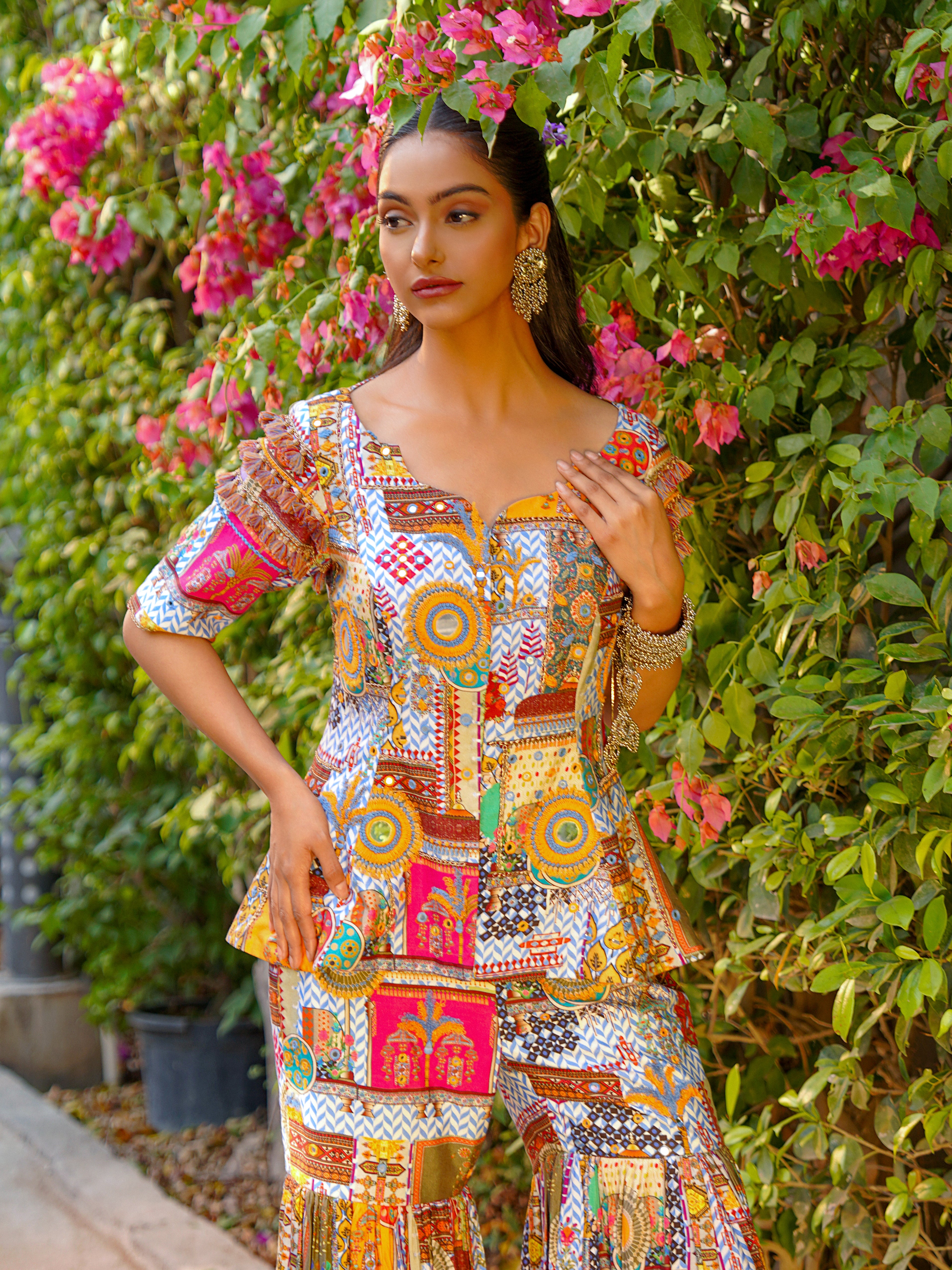 sky mosaic embroidered peplum cut bodice with sharara pants