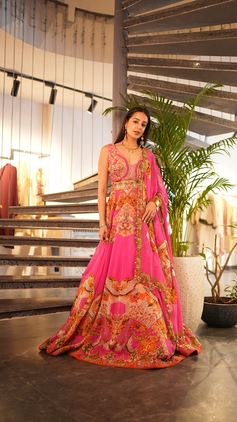 SOFT BARBIE PINK FLORAL PRINT SWAYAM LEHENGA AND BLOUSE