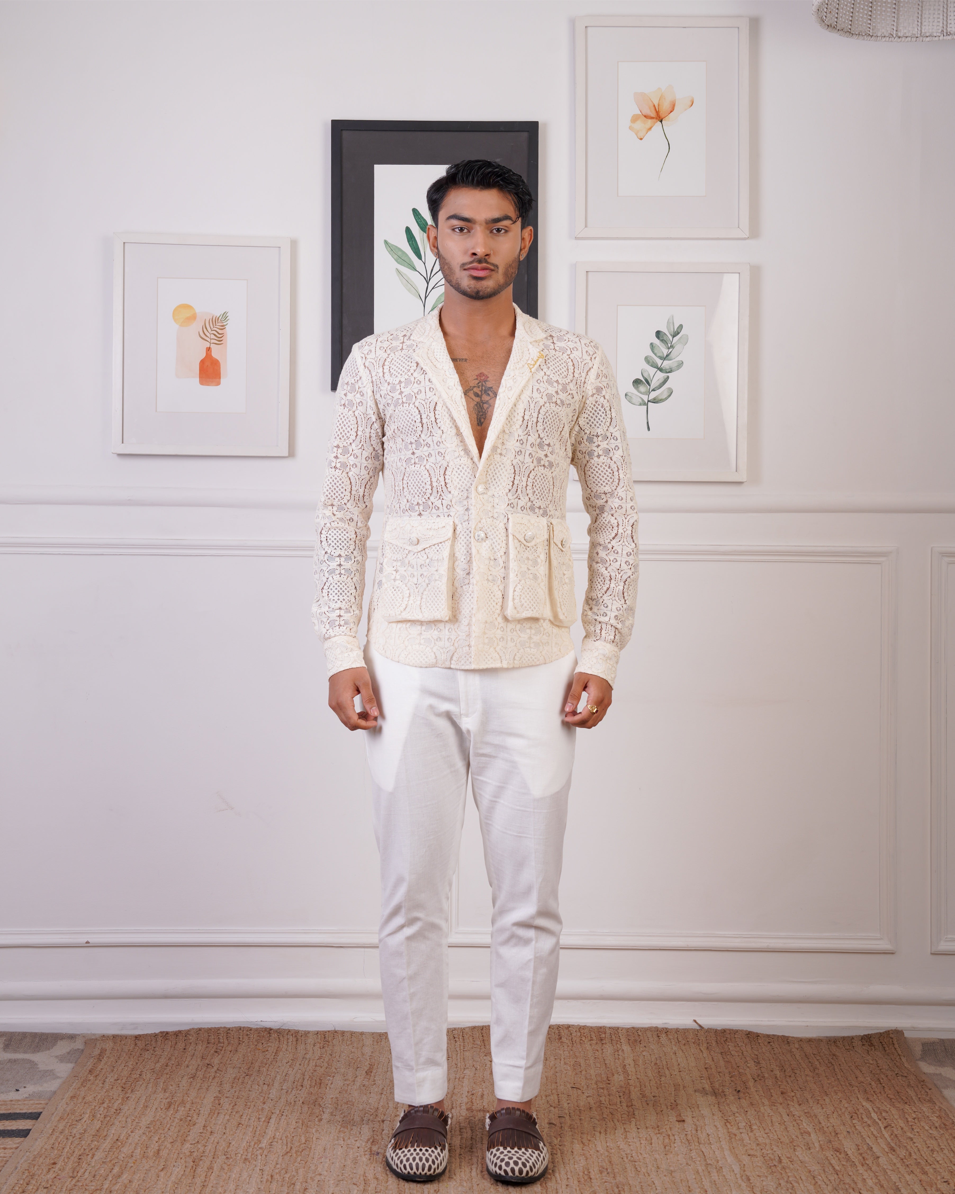 Crochet blazer style shirt with pants