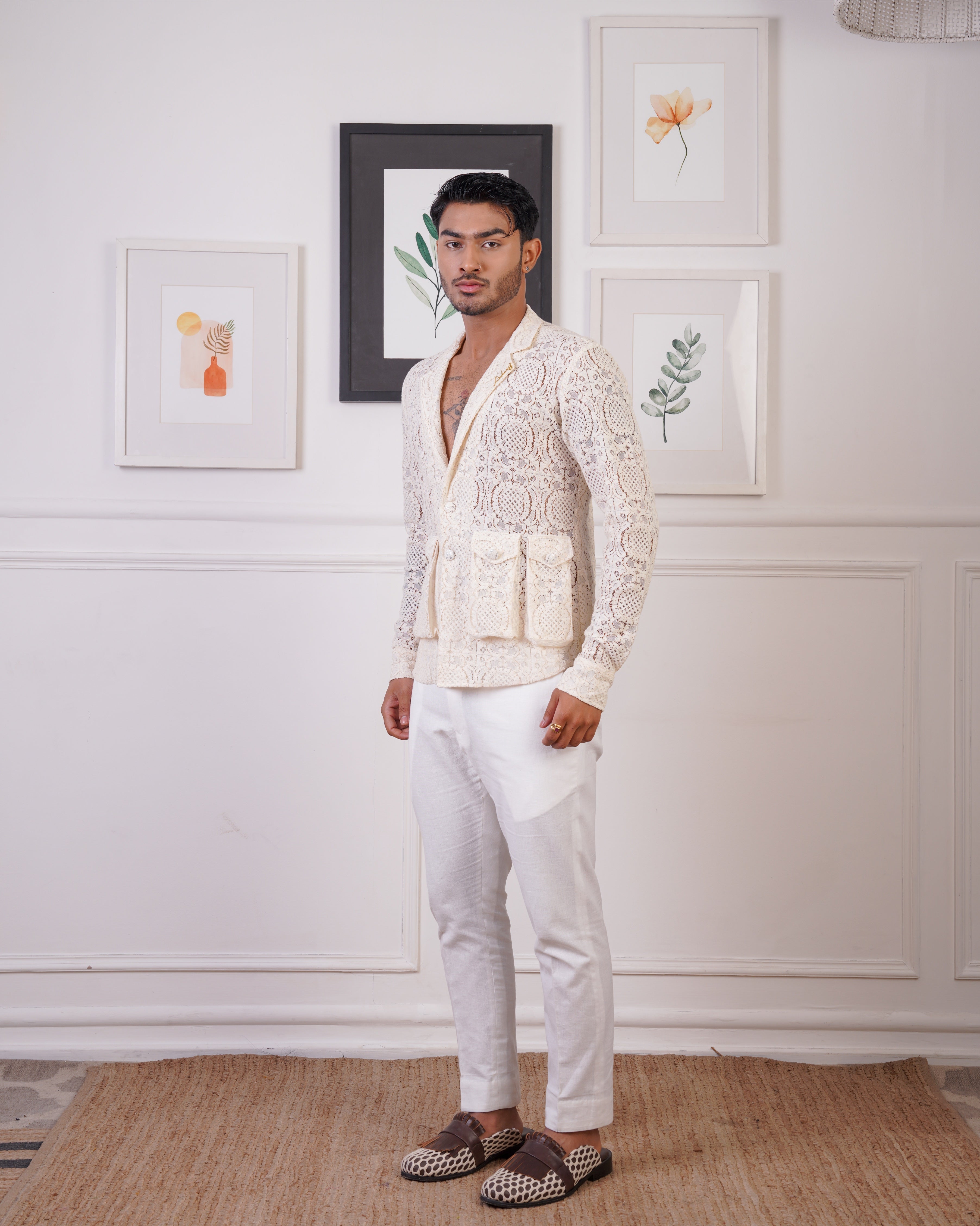 Crochet blazer style shirt with pants