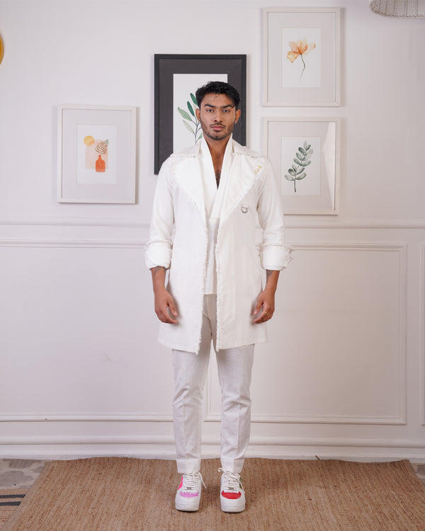 LINEN OVERLAY (DETAILED WITH DENIM THREAD ) WITH LINE SHIRT AND PANTS