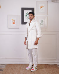 LINEN OVERLAY (DETAILED WITH DENIM THREAD ) WITH LINE SHIRT AND PANTS