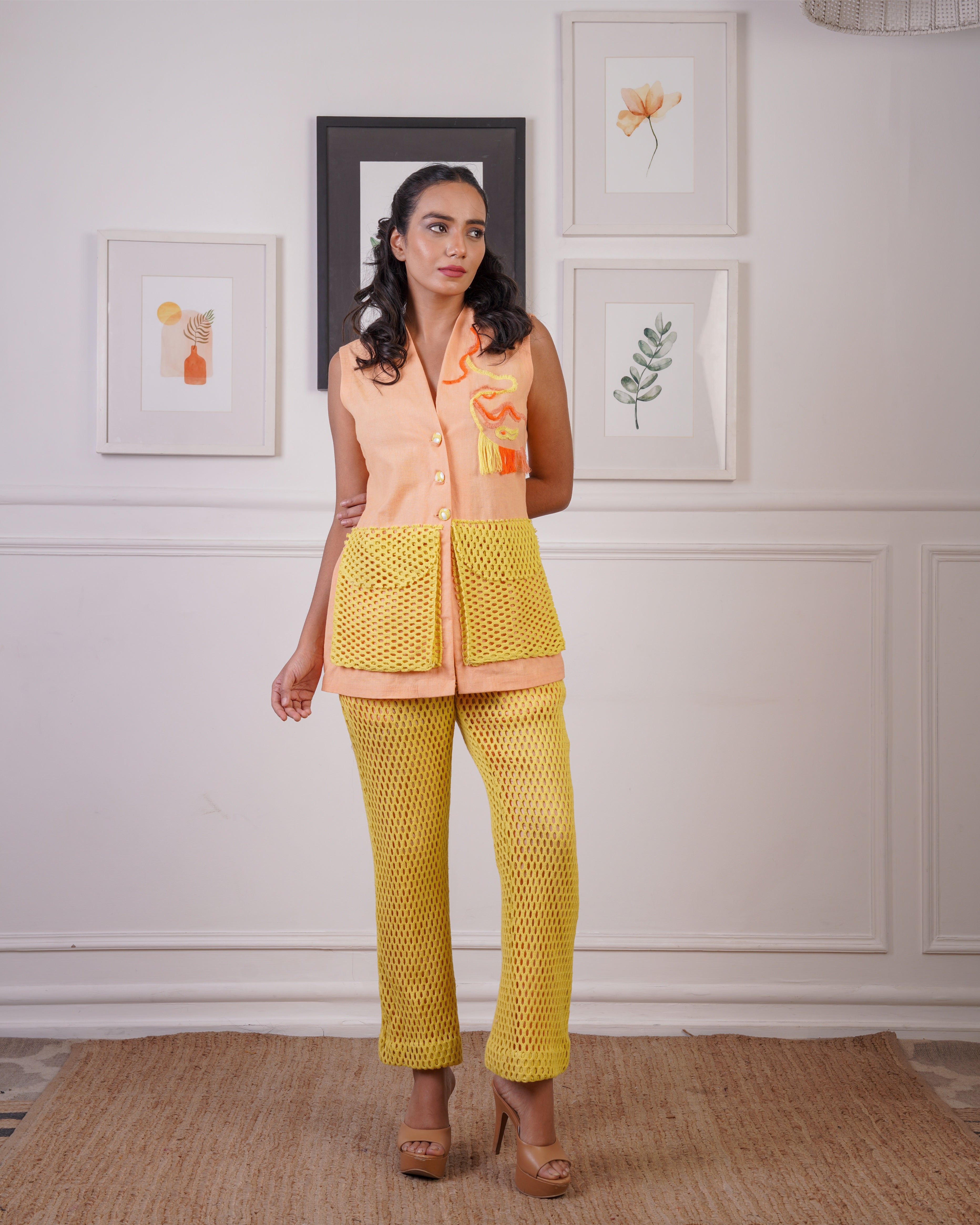 blazer style top with crochet pants