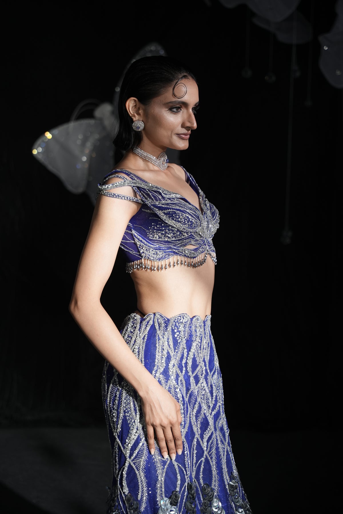 Mirage metallic blue aqua gown lehanga