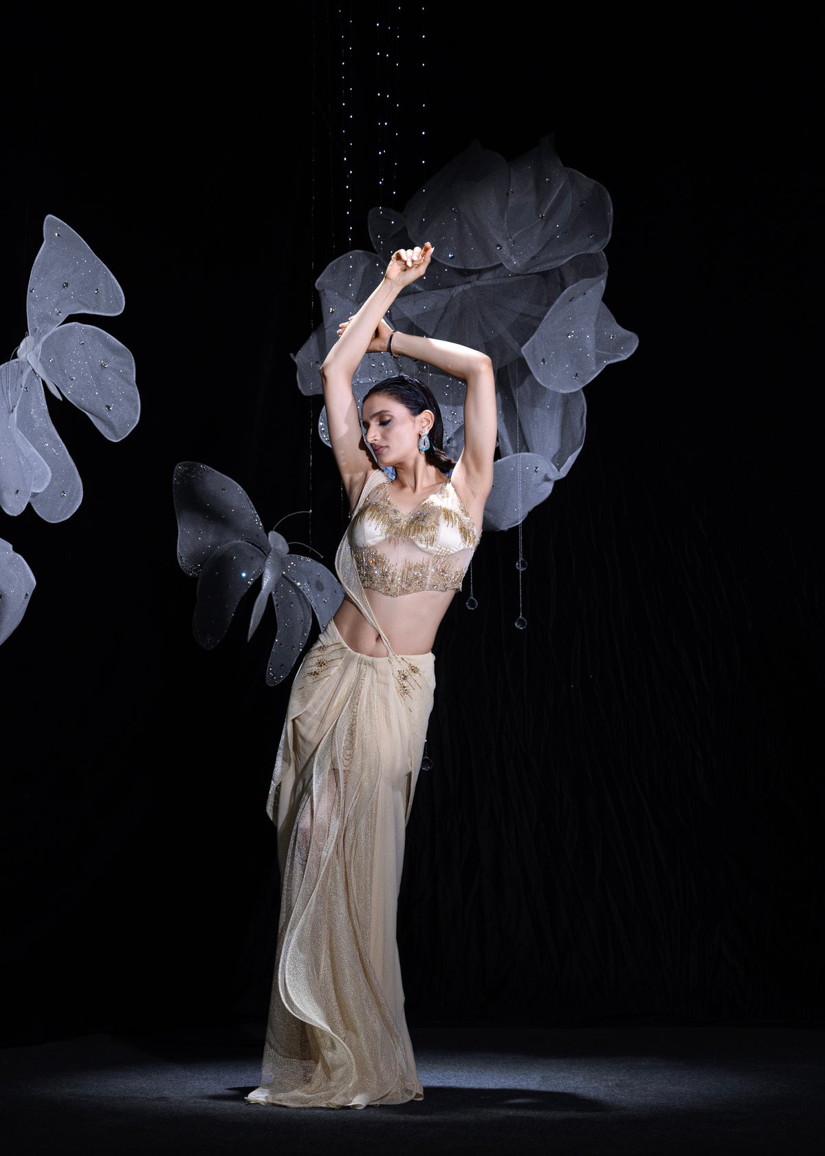 Midnight golden draped saree set